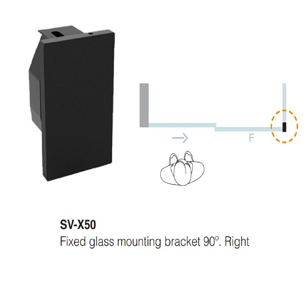 Saheco SV-X50 Fixed Glass Mounting Bracket - 90 Degree Right - 1 Piece - Brushed Nickel Aluminium